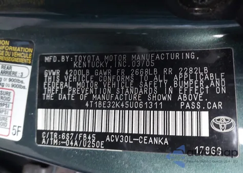 2005 Toyota Camry Le from USA, damaged, VIN 4T1BE32K45U061311